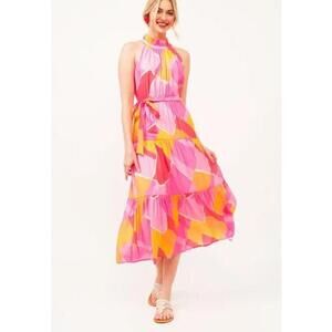 #2436 Lime & Chili NWOT Fuchsia Orange Graphic Print Tie Waist Halter Dress 1X